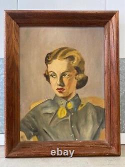 Antique Old 1950s Hollywood Cowgirl Western WPA Portrait Oil Painting, Signed