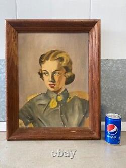 Antique Old 1950s Hollywood Cowgirl Western WPA Portrait Oil Painting, Signed