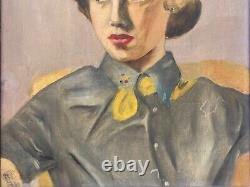 Antique Old 1950s Hollywood Cowgirl Western WPA Portrait Oil Painting, Signed