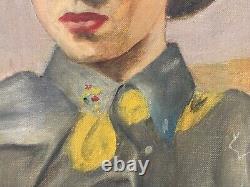 Antique Old 1950s Hollywood Cowgirl Western WPA Portrait Oil Painting, Signed
