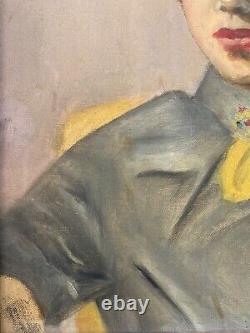 Antique Old 1950s Hollywood Cowgirl Western WPA Portrait Oil Painting, Signed