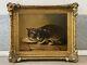 Antique Old 19th C. American Folk Art Cat Kitten Oil Painting, Signed 1880s