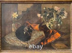 Antique Old 19th c. French Impressionist Still Life DOG Oil Painting, Signed