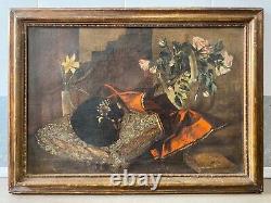 Antique Old 19th c. French Impressionist Still Life DOG Oil Painting, Signed