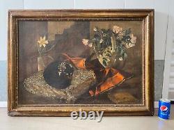 Antique Old 19th c. French Impressionist Still Life DOG Oil Painting, Signed