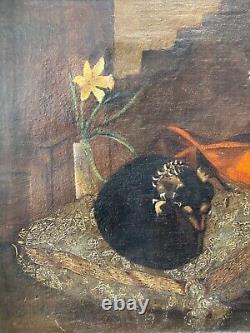 Antique Old 19th c. French Impressionist Still Life DOG Oil Painting, Signed