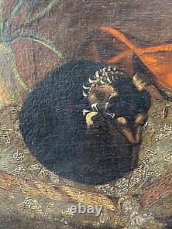 Antique Old 19th c. French Impressionist Still Life DOG Oil Painting, Signed