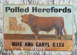 Antique Old 40s Americana Folk Art POLLED HEREFORDS Cattle Ranch Painted Sign
