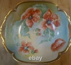 Antique Old Abbey Limoges POPPY Poppies Handled Serving Bowl Signed Dumas C. 1908