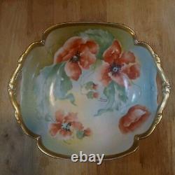 Antique Old Abbey Limoges POPPY Poppies Handled Serving Bowl Signed Dumas C. 1908