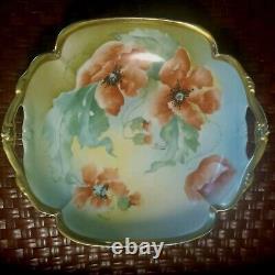 Antique Old Abbey Limoges POPPY Poppies Handled Serving Bowl Signed Dumas C. 1908