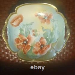 Antique Old Abbey Limoges POPPY Poppies Handled Serving Bowl Signed Dumas C. 1908