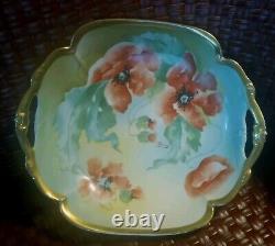 Antique Old Abbey Limoges POPPY Poppies Handled Serving Bowl Signed Dumas C. 1908