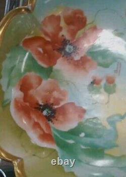 Antique Old Abbey Limoges POPPY Poppies Handled Serving Bowl Signed Dumas C. 1908