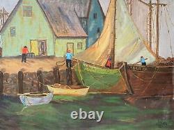 Antique Old American Folk Art Nautical Seascape Oil Painting, Signed