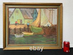 Antique Old American Folk Art Nautical Seascape Oil Painting, Signed