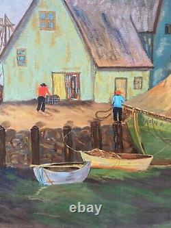 Antique Old American Folk Art Nautical Seascape Oil Painting, Signed