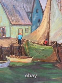 Antique Old American Folk Art Nautical Seascape Oil Painting, Signed