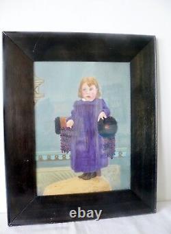 Antique Old American Folk Art Portrait Painting on Board Glass Framed Girl Child
