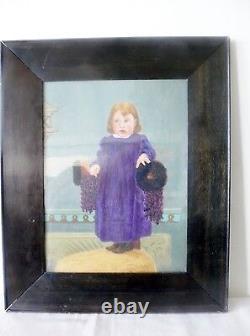 Antique Old American Folk Art Portrait Painting on Board Glass Framed Girl Child