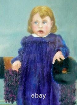 Antique Old American Folk Art Portrait Painting on Board Glass Framed Girl Child