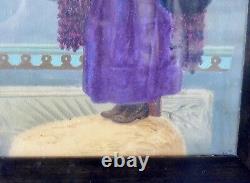 Antique Old American Folk Art Portrait Painting on Board Glass Framed Girl Child