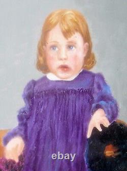 Antique Old American Folk Art Portrait Painting on Board Glass Framed Girl Child