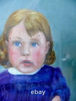 Antique Old American Folk Art Portrait Painting on Board Glass Framed Girl Child