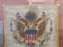 Antique Old American Folk Art WWI Needlepoint Sampler, Texas Oklahoma Fair 24