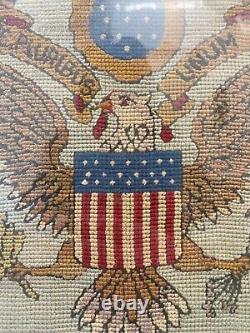 Antique Old American Folk Art WWI Needlepoint Sampler, Texas Oklahoma Fair 24