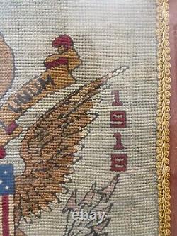 Antique Old American Folk Art WWI Needlepoint Sampler, Texas Oklahoma Fair 24