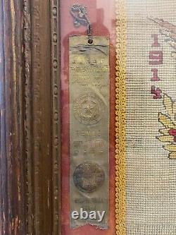 Antique Old American Folk Art WWI Needlepoint Sampler, Texas Oklahoma Fair 24