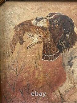 Antique Old Americana Folk Art Pheasant Hunting Dog Oil Painting, Signed 1929