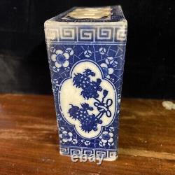Antique Old Chinese Blue Cobalt Porcelain Pen Or Brush Holder Signed