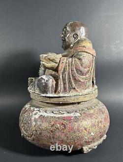 Antique Old Chinese? Carved Wood (Buddha) Statue Hand Painted & Signed