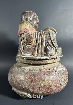 Antique Old Chinese? Carved Wood (Buddha) Statue Hand Painted & Signed