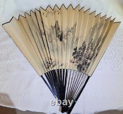 Antique Old Chinese signed fan painting with calligraphy & Mountain Scene