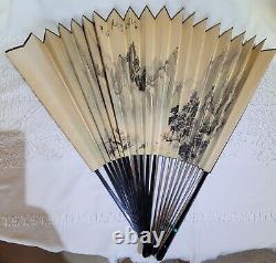 Antique Old Chinese signed fan painting with calligraphy & Mountain Scene