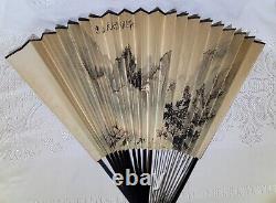 Antique Old Chinese signed fan painting with calligraphy & Mountain Scene