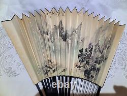 Antique Old Chinese signed fan painting with calligraphy & Mountain Scene