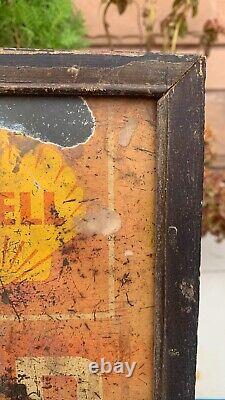 Antique Old Collectible Wall Hanging Framed Shell Oil Adv. Litho Tin Sign Board