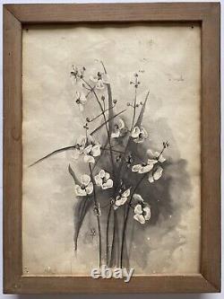 Antique Old Floral Flower Still Life Ink Wash Watercolor Painting Signed MVT
