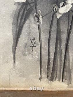 Antique Old Floral Flower Still Life Ink Wash Watercolor Painting Signed MVT