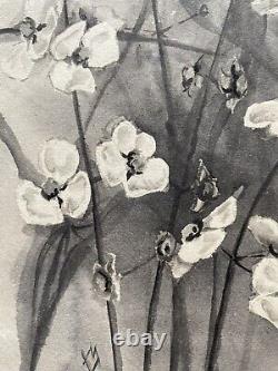 Antique Old Floral Flower Still Life Ink Wash Watercolor Painting Signed MVT