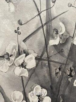 Antique Old Floral Flower Still Life Ink Wash Watercolor Painting Signed MVT