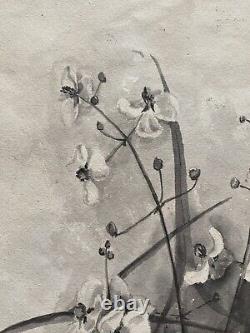 Antique Old Floral Flower Still Life Ink Wash Watercolor Painting Signed MVT