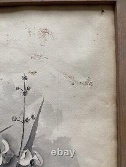 Antique Old Floral Flower Still Life Ink Wash Watercolor Painting Signed MVT