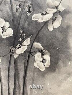 Antique Old Floral Flower Still Life Ink Wash Watercolor Painting Signed MVT
