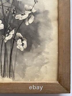 Antique Old Floral Flower Still Life Ink Wash Watercolor Painting Signed MVT