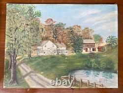 Antique Old Homestead Primitive American Folk Art Painting Signed 1947 Amish